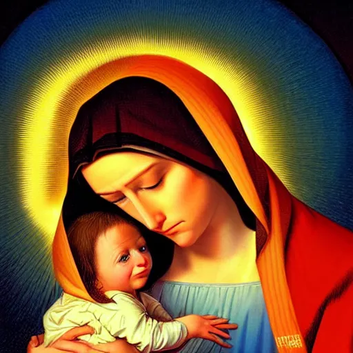 Prompt: portrait of crying gorgeous young mother mary our lady of sorrows by greg hildebrandt lisa frank beautiful high detail vibrant colors long hair