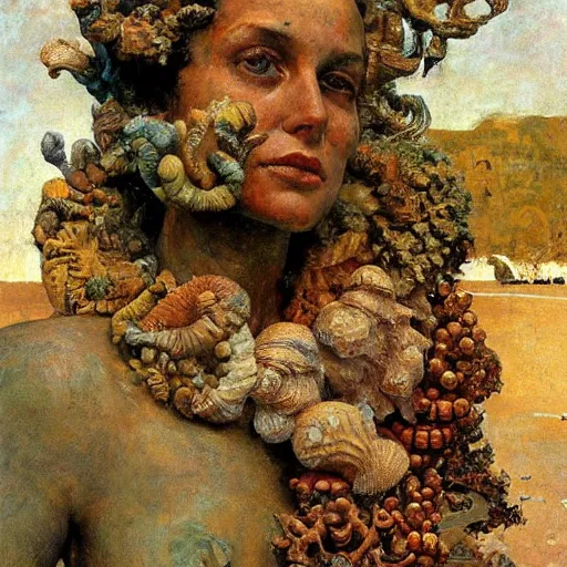 Image similar to a sculpture portrait made of shells and coral and sand and seaweed, painting part by wojciech siudmak, part by ilya repin, part by max ernst, part by norman rockwell, artstation