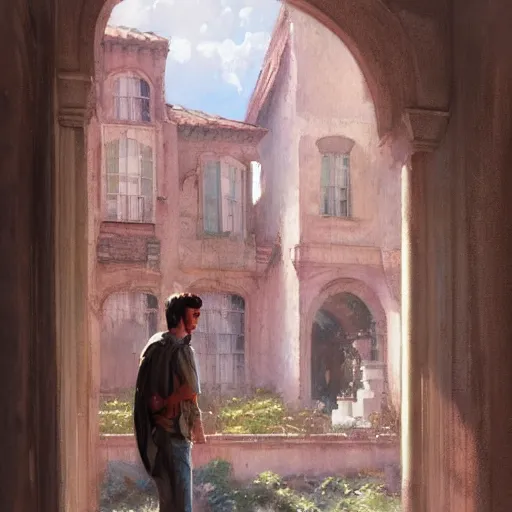 Image similar to concept art, young man in pink shirt standing near french windows, by james gurney, greg rutkowski, john howe, artstation