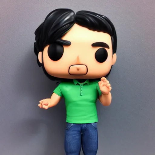 Image similar to a 30 year old skinny Latino programmer guy, with and thick straight brush up black hair on top, short on sides, in a dark green polo shirt, blue jeans and grey sneakers funko pop close up highly detailed photo