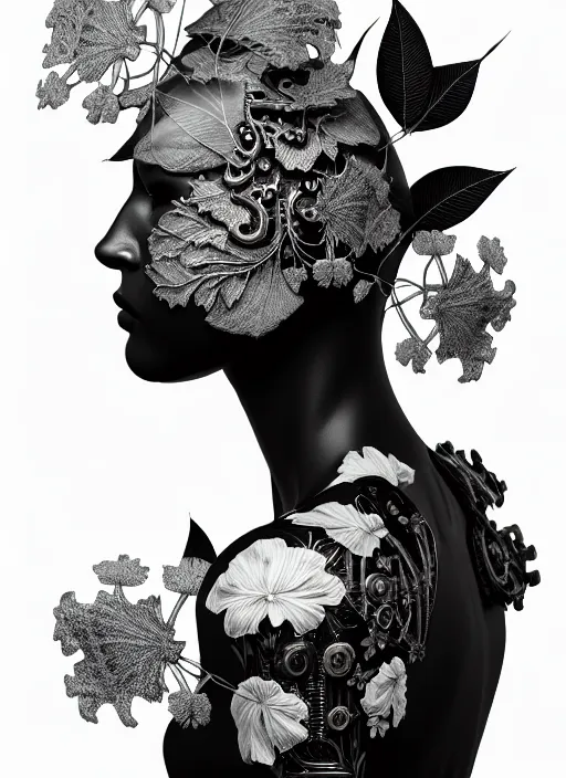 Image similar to monochrome profile portrait painting, dutch masters, silver lace floral steampunk biomechanical beautiful one techno eye young female cyborg, big monocular, volumetric light, leaves foliage and stems, hibiscus flowers, alexander mcqueen, rim light, big gothic fashion pearl embroidered collar, 8 k