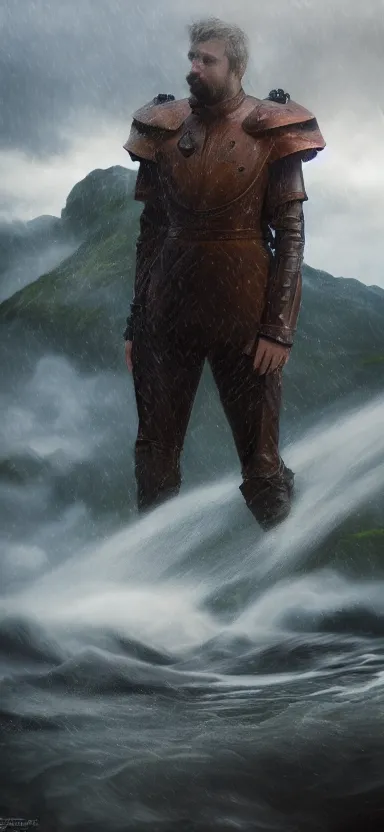 Prompt: suit of armor made of water, norway fjord, medium portrait, hudson river school, max rive, water armor, studio lighting, stormy seas, beautiful, bokeh, snowy, storm clouds, god rays, d & d, fantasy, elegant, low key color palette, concept art, roger deakins and greg rutkowski and alphonse mucha