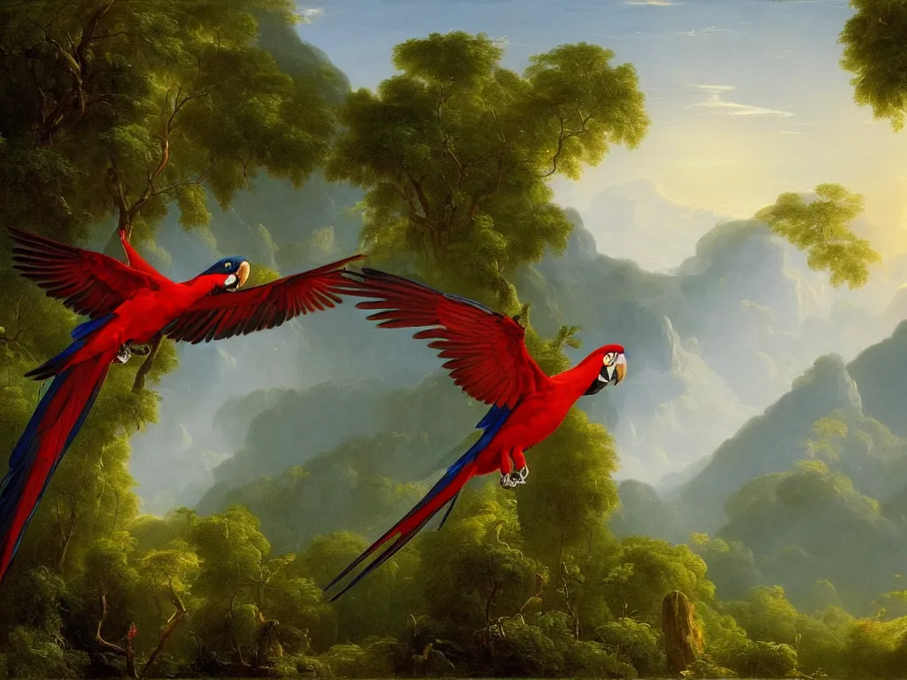 Image similar to gorgeous macaws flying at dawn in the distance through the forest, jungle mountains in the background, highly detailed, heavenly lighting, trending on art station, very detailed birds, painting by thomas cole