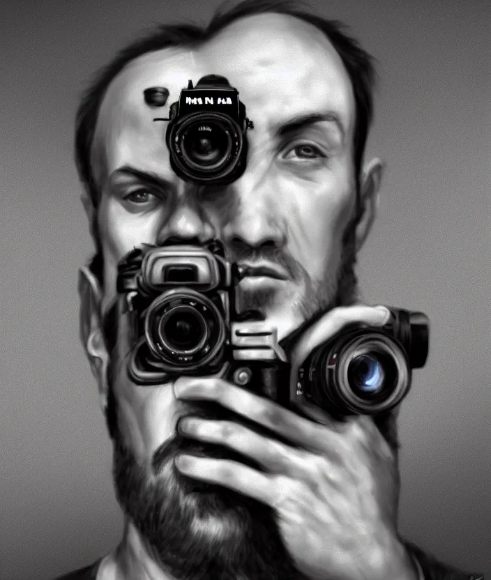 Image similar to man with camera for a head, hyper realism, fine details, concept art, digital art, deviantart artstation, very sharp, in the style of john pound,