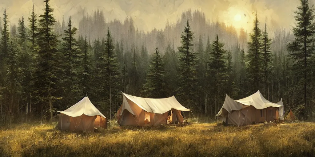 Image similar to cabela's tent fabric shelled pop up family dwelling unit, cabin, modular, person in foreground, mountainous forested wilderness open fields, beautiful views, painterly concept art, joanna gaines, environmental concept art, farmhouse, magnolia, concept art illustration by ross tran, james gurney, by craig mullins, by greg rutkowski