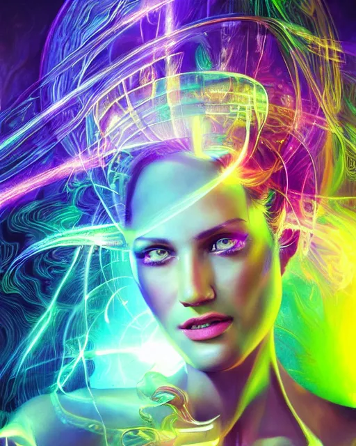 Image similar to a powerful energy psychedelic matrix woman, by alexander fedosav, hyper detailed digital matte painting, concept art, hyperrealism, 1 6 k resolution, cinema 4 d, 8 k resolution, trending on artstation, behance hd, a masterpiece, by stephan martiniere, particles, cel - shaded, power bright neon energy, by david a. hardy,