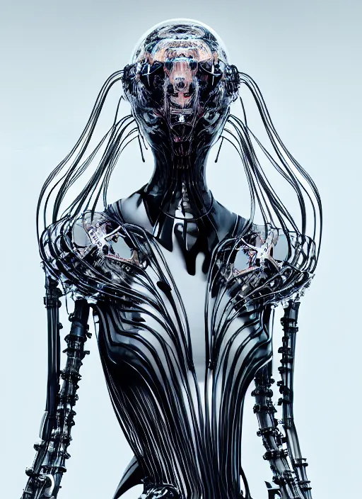 Image similar to catwalk, iris van herpen gothic inflateble dark dress, perfect symmetrical body, helmet on face, full body shot, inflateble shapes, wires, tubes, veins, jellyfish, white biomechanical details, wearing epic bionic cyborg implants, masterpiece, intricate, biopunk, vogue, highly detailed, artstation, concept art, cyberpunk, octane render