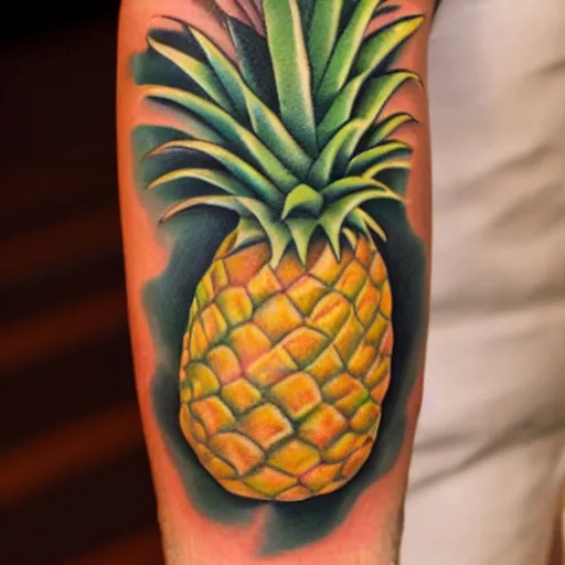 Image similar to a ripe luscious pineapple tattoo on an arm that's also edible. high resolution, 3 d, ue 5.