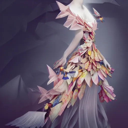 Prompt: 3 / 4 view of a beautiful girl wearing an origami dress, eye - level medium shot, fine floral ornaments in cloth and hair, hummingbirds, elegant, by eiko ishioka, givenchy, by peter mohrbacher, centered, fresh colors, origami, fashion, detailed illustration, vogue, japanese, reallusion character creator