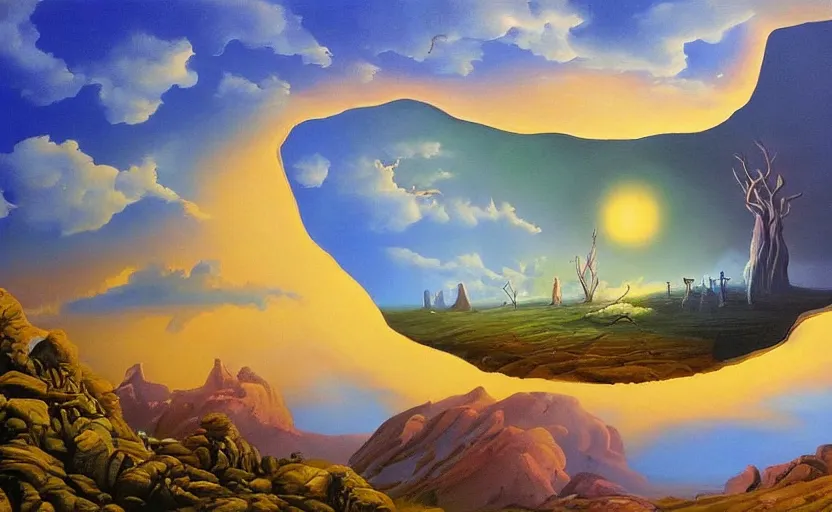 Prompt: portal painting to another dimension, surreal landscape