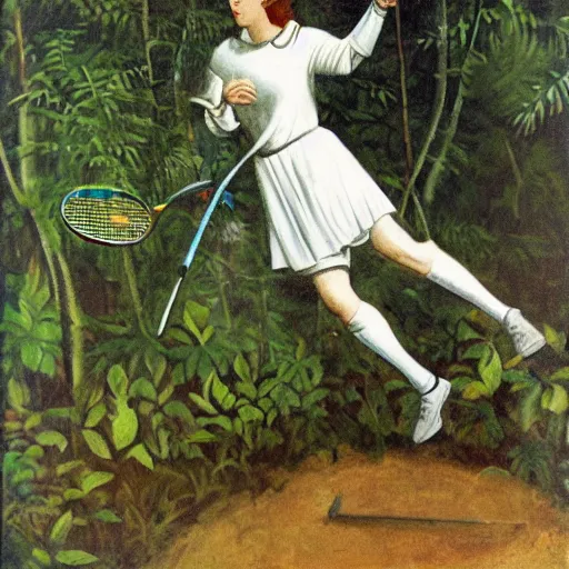 Prompt: joan of arc, playing tennis, in a jungle, with a blue sky