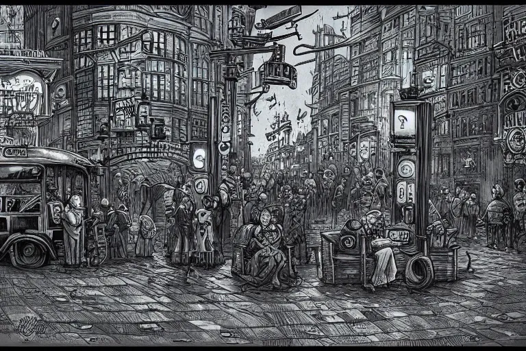 Prompt: a drawing of some people waiting in a lone bus stop in qiet dark city by Joe Fenton