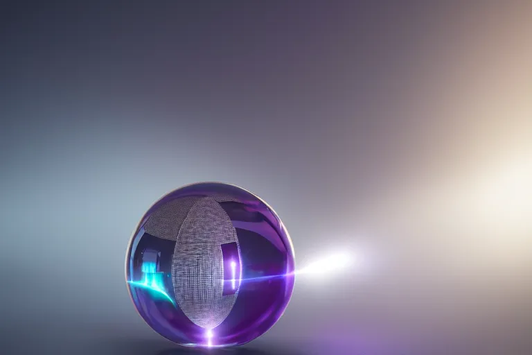 Image similar to light rays reflected off a smooth chrome orb, cinematic, dusty, atmospheric, depth of field, photorealistic, cgi, 3 d, octane render, purple and grey tones, splash page
