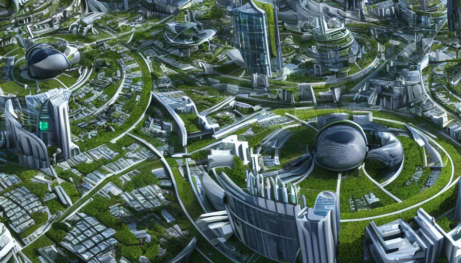 Image similar to futuristic city with huge green roundabout, trees around it, buildings, stadium, crowded streets, hyperdetailed, artstation, cgsociety, 8 k