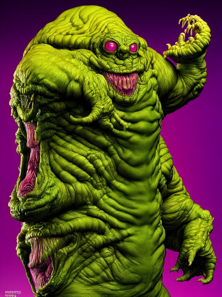 Image similar to hyperrealistic rendering, fat cronenberg flesh monster smooth kaiju by art of skinner and richard corben and jeff easley, product photography, action figure, sofubi, studio lighting, colored gels, rimlight, backlight