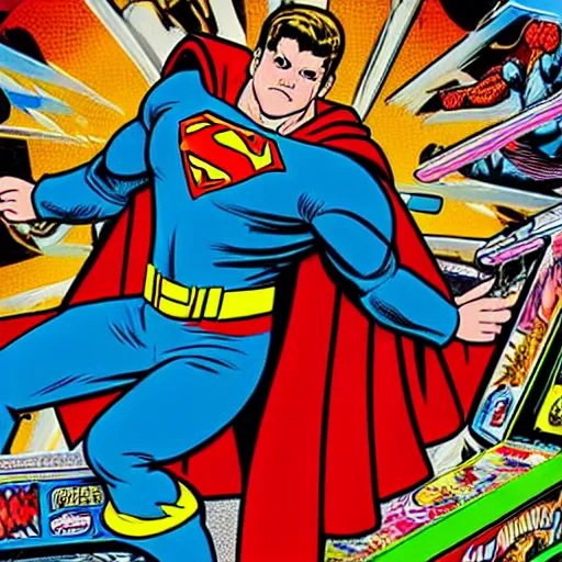 Image similar to a comic book super hero who is just really good at pinball and throws pinball machines he has a long cape his left hand is missing and instead is a launcher from a pinball machine, 4k, highly detailed, heroic pose, graphic novel, bright colors, dark lines