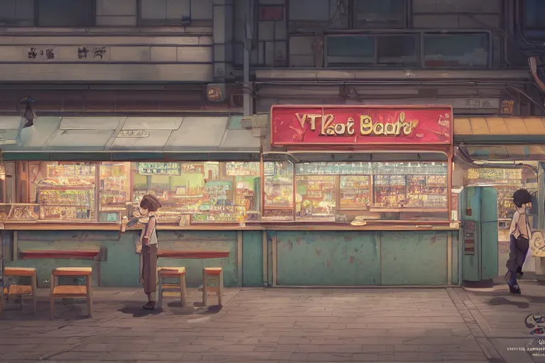 Prompt: A highly detailed matte painting of a single small snack bar with take away counter with sign by Studio Ghibli, Makoto Shinkai, by Artgerm, by WLOP, by Greg Rutkowski, volumetric lighting, cyberpunk, octane render, 4K resolution, trending on artstation, masterpiece