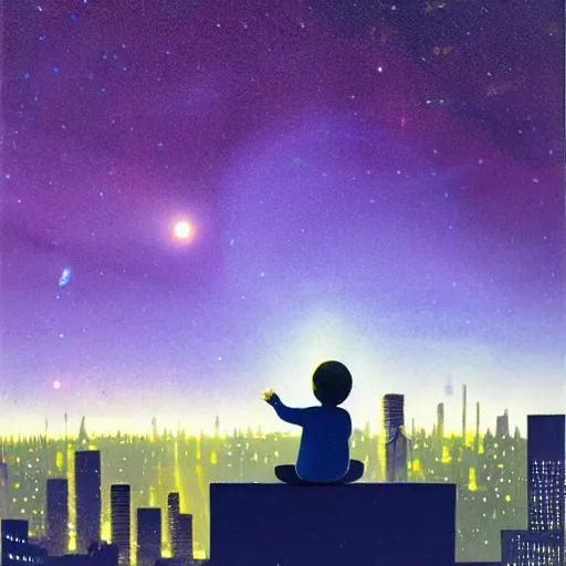 Image similar to a kid in a big city, sits on a rooftop, watches a beautiful night full of stars and tech buildings, dramatic, by paul lehr