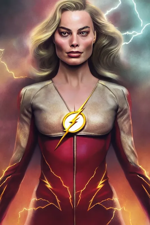 Prompt: majestic and regal portrait of margot robbie female the flash, dc universe, perfect face, beautiful, intricate, epic, elegant, fantasy, highly detailed, digital painting, hard focus, beautiful volumetric lighting, epic light, ultra detailed, by leesha hannigan, ross tran, thierry doizon, kai carpenter, ignacio fernandez rios