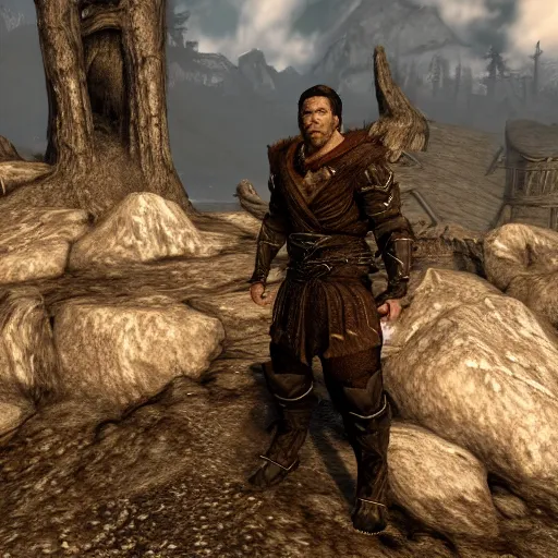 Image similar to character screenshot of chael sonnen, npc, skyrim, wilderness, 1 0 8 0 p, bokeh, elder scrolls v, detailed, dialog