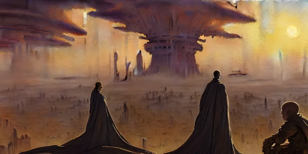 Image similar to a hyperrealist watercolor concept art of a giant alien ship from independence day on the horizon of a futuristic city in arizona. a medieval monk in grey robes is in the foreground. golden hour. very muted colors, by rebecca guay, michael kaluta, charles vess. high detail, hq, wide shot, 4 k