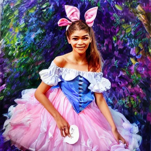 Image similar to zendaya as Alice in wonderland, oil painting, high detail,