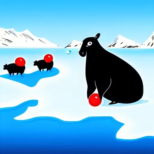 Image similar to cartoon drawing of a seal tossing a red ball with a sheep in antarctica. the seal's head is sticking out above the water and the sheep is standing near the edge of ice