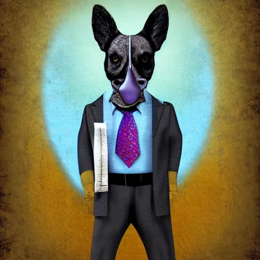 Prompt: anthro blue heeler wearing a business suit bleeding from the nose, digital art,