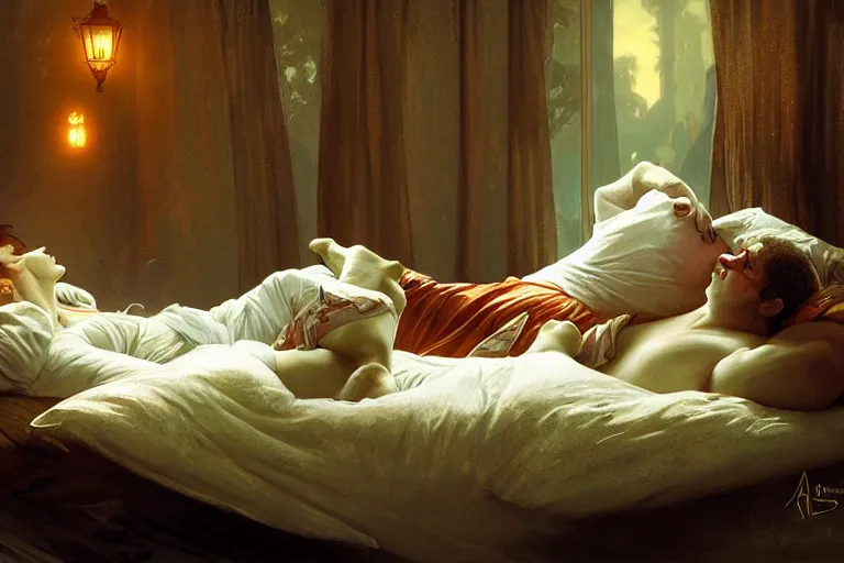 Image similar to russian poet alexander pushkin and shrek lying in bed together, portrait, highly detailed, digital painting, artstation, concept art, smooth, sharp focus, illustration, cinematic lighting, art by artgerm and greg rutkowski and alphonse mucha