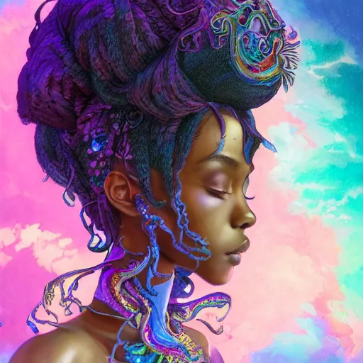 Prompt: the portrait of the absurdly beautiful, graceful, elegant, gorgeous, sensual black young anime goddess made of rainbow crystals, an ultrafine hyperdetailed illustration by kim jung gi, irakli nadar, intricate linework, bright colors, octopath traveler, final fantasy, unreal engine 5 highly rendered, global illumination, radiant light, intricate environment, 8 k