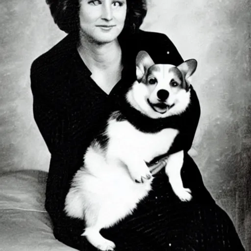 Prompt: old historical photograph of a beautiful woman with an adorable corgi on her lap, photographed by david lynch