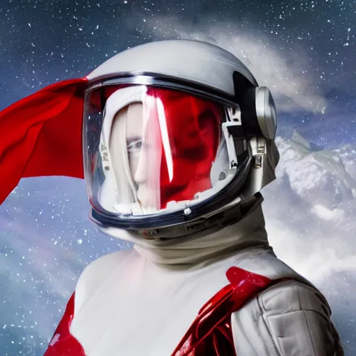 Prompt: a young female space cadet wearing blood-spattered glossy sleek white dinged scuffed armor and a long torn red cape, spacewalk, weightlessness, frost damage, background of stars, elegant, battle weary, no helmet, dramatic lighting, cinematic, sci-fi, hyperrealistic, detailed