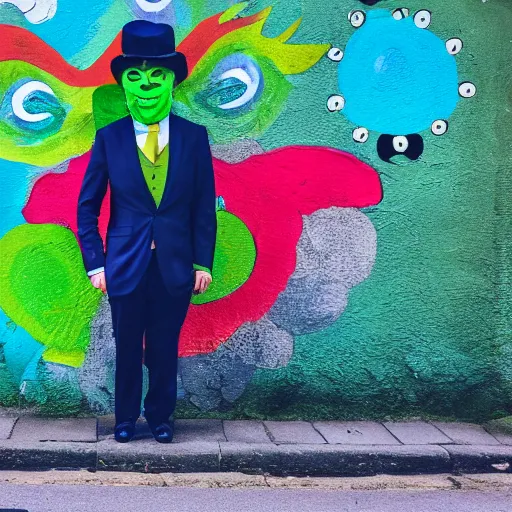 Prompt: Green man with a smug face and a fedora, wearing colorful outfit, uneven arms, in an alleyway, photo