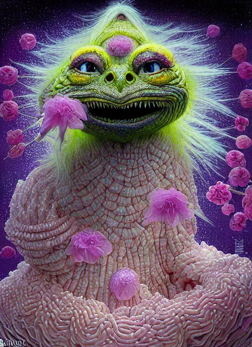 Image similar to hyper detailed 3d render like a Oil painting - kawaii portrait Aurora (a skeksis from dark crystal that looks slightly like an evil Anya Taylor-Joy) seen Eating of the Strangling network of yellowcake aerochrome and milky Fruit and His delicate Hands hold of gossamer polyp blossoms bring iridescent fungal flowers whose spores black the foolish stars by Jacek Yerka, Ilya Kuvshinov, Mariusz Lewandowski, Houdini algorithmic generative render, Abstract brush strokes, Masterpiece, Edward Hopper and James Gilleard, Zdzislaw Beksinski, Mark Ryden, Wolfgang Lettl, hints of Yayoi Kasuma, octane render, 8k