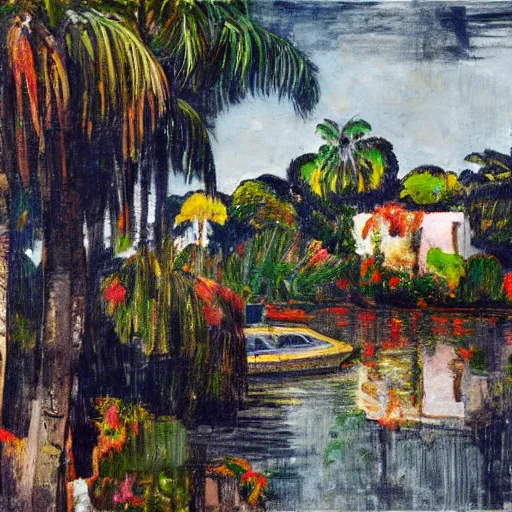 Prompt: a long river, tied bridge on local river, a lot of boat in river, 2 number house near a lot of palm trees and bougainvillea, summer, painting style of mondrian gray tree - 1 0 0 0