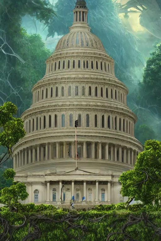 Image similar to an epic landscape view of vines and moss growing on the us capitol building, jungle, with pterosaurs flying, close - up, low angle, wide angle, atmospheric, volumetric lighting, cinematic, very realistic, sharp, highly detailed digital art, painted by tyler edlin