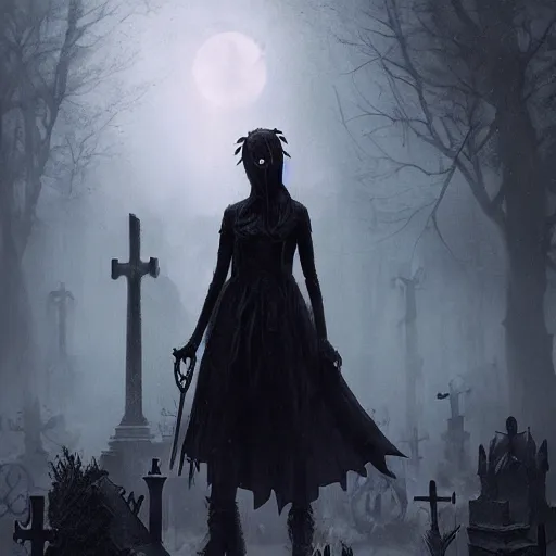 Prompt: kerli koiv the craft standing in a cemetery, gothic, darkwave, darksynth, concept art, sharp, digital matte painting, art by greg rutkowski, wlop, dramatic lighting, trending on artstation