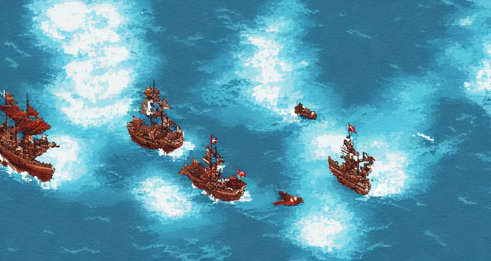 Prompt: Pixelart of a pirates battles in the ocean, volumetric lighting, digital pixel art, pixiv, by Aenami