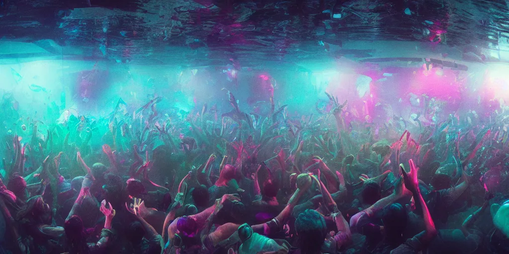 Image similar to rave party moshpit underwater, ethereal atmosphere, realistic digital art 4 k, high quality, greg rutkowski, zabrocki, karlkka, jayison devadas, phuoc quan, trending on artstation, 8 k, ultra wide angle, zenith view, pincushion lens effect