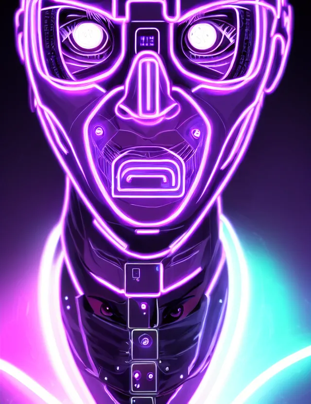 Image similar to a detailed manga portrait of a black haired man with a cybernetic body and face mask with glowing neon purple lights, trending on artstation, digital art, 4 k resolution, detailed, high quality, sharp focus, hq artwork, coherent, insane detail, character portrait