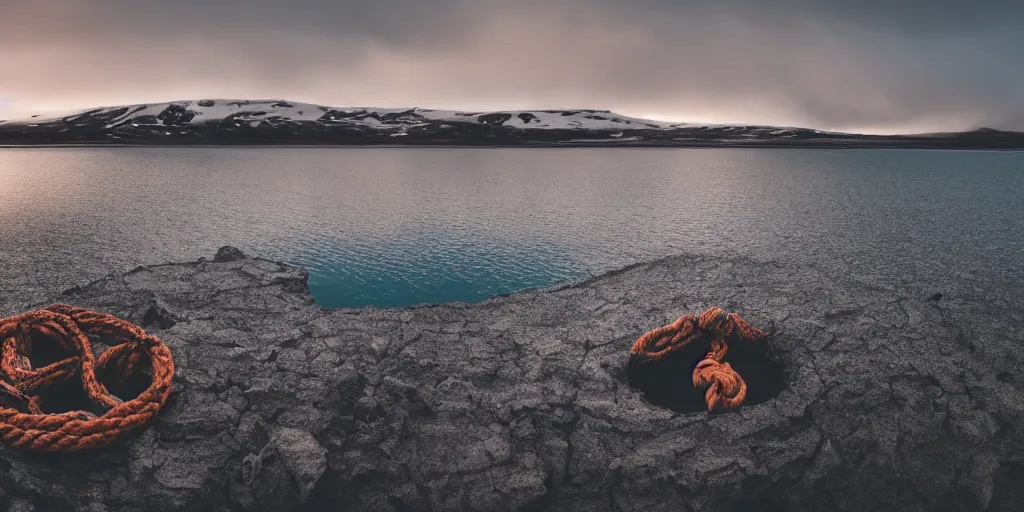 Image similar to cinematic wide shot of rop in the water in the middle of a lake in iceland, a rocky foreground, sunset, a bundle of rope is in the center of the lake, eerie vibe, leica, 2 4 mm lens, 3 5 mm kodak film, f / 2 2, anamorphic