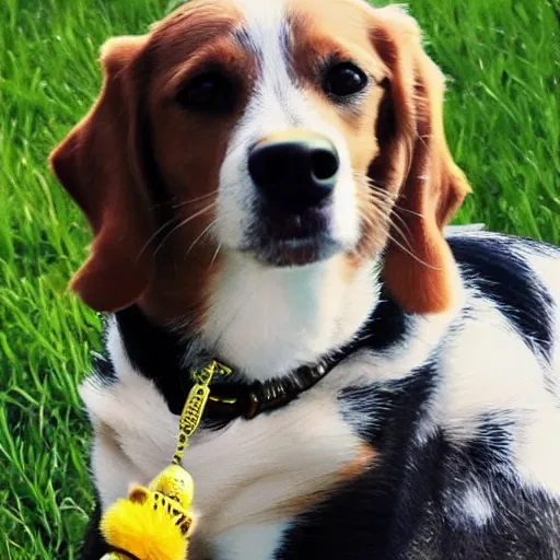 Prompt: dog with a bee as amber heard