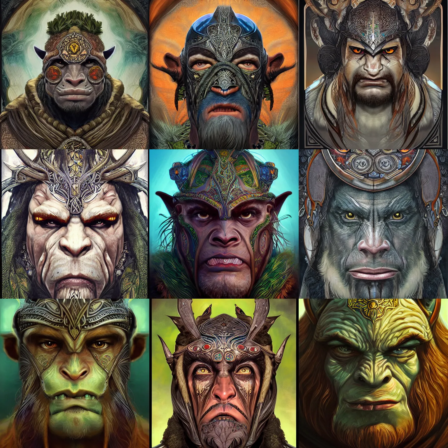 Prompt: head-on symmetrical centered painted portrait, male orc forest druid, shaman leather armour, art nouveau, tarot card style, tarot card style, fantasy, intricate, elegant, highly detailed, smooth, sharp focus, illustration, artstation, in the style of Artgerm and Anna Podedworna and Alex Ross and Mucha