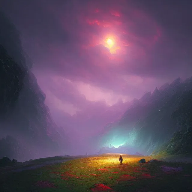 Image similar to fantasy landscape in the form of the human eye, volumetric lighting, colorful, sharp and focus, ultra detailed, beautifully lit landscape, astrophotography, in the art style of dan mumford, ivan aivazovsky and marc simonetti