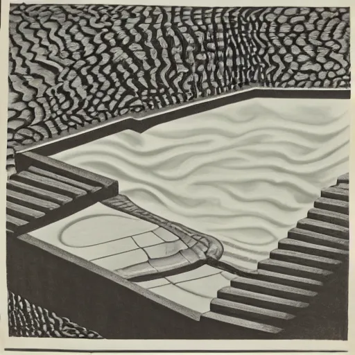 Image similar to M.C. Escher painting of an infinity pool on the edge of the Atlantic Ocean