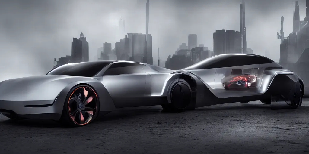 Prompt: a design of a futuristic tesla cybertruck, designed by Polestar, blade runner background, stained antique copper car paint, white wheel rims, black windows, sportscar, dark show room, dramatic lighting, hyper realistic render, depth of field