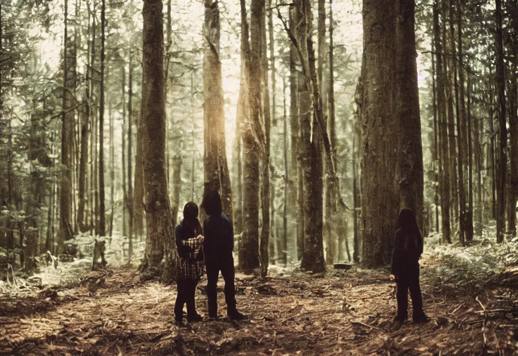 Prompt: lomo photo of two humans standing in front of a large forest cabin, cinestill, bokeh, out of focus, day, dramatic lighting