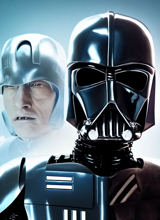 Image similar to Film poster, RoboCop VS Darth Vader, faces look at each other, detailed and realistic, 4k, filmic render