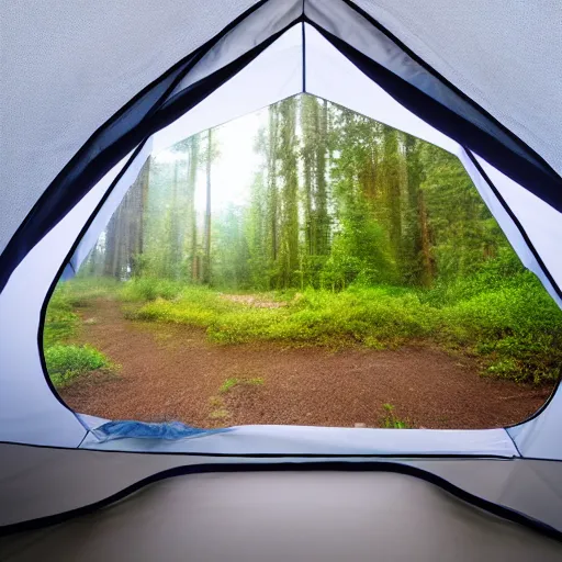 Prompt: inside camping tent interior with view to the outside alien planet through opening door with opaque walls, nature, wide angle, 12mm lens, realistic light, hyper realism, photography, volumetric fog