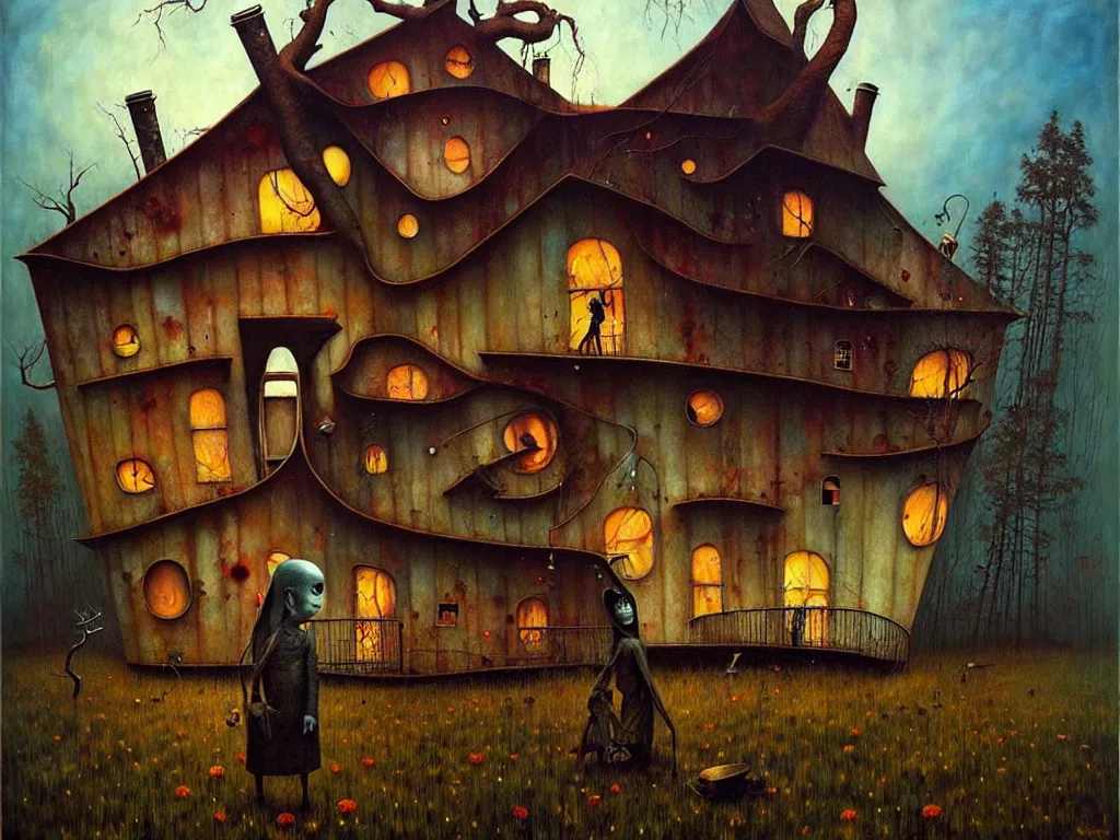 Prompt: an epic acrylic painting with a house shaped like an uncanny face, by esao andrews, surreal, dark, creepy, horror, soft textures, oil on canvas